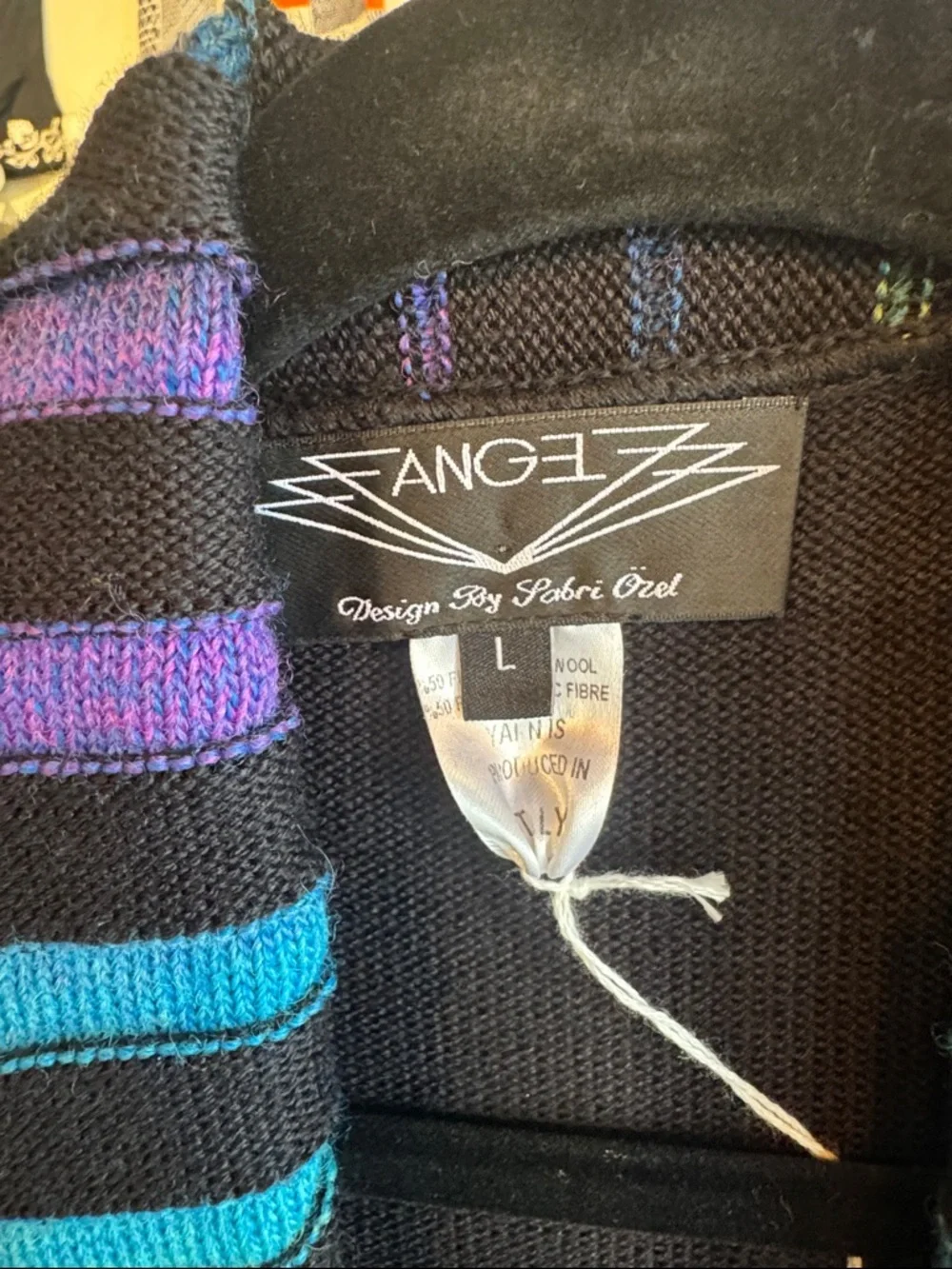 Y2K Open-Front Striped Sweater Cardigan in Blue/Green/Purple - Picture 2 of 7